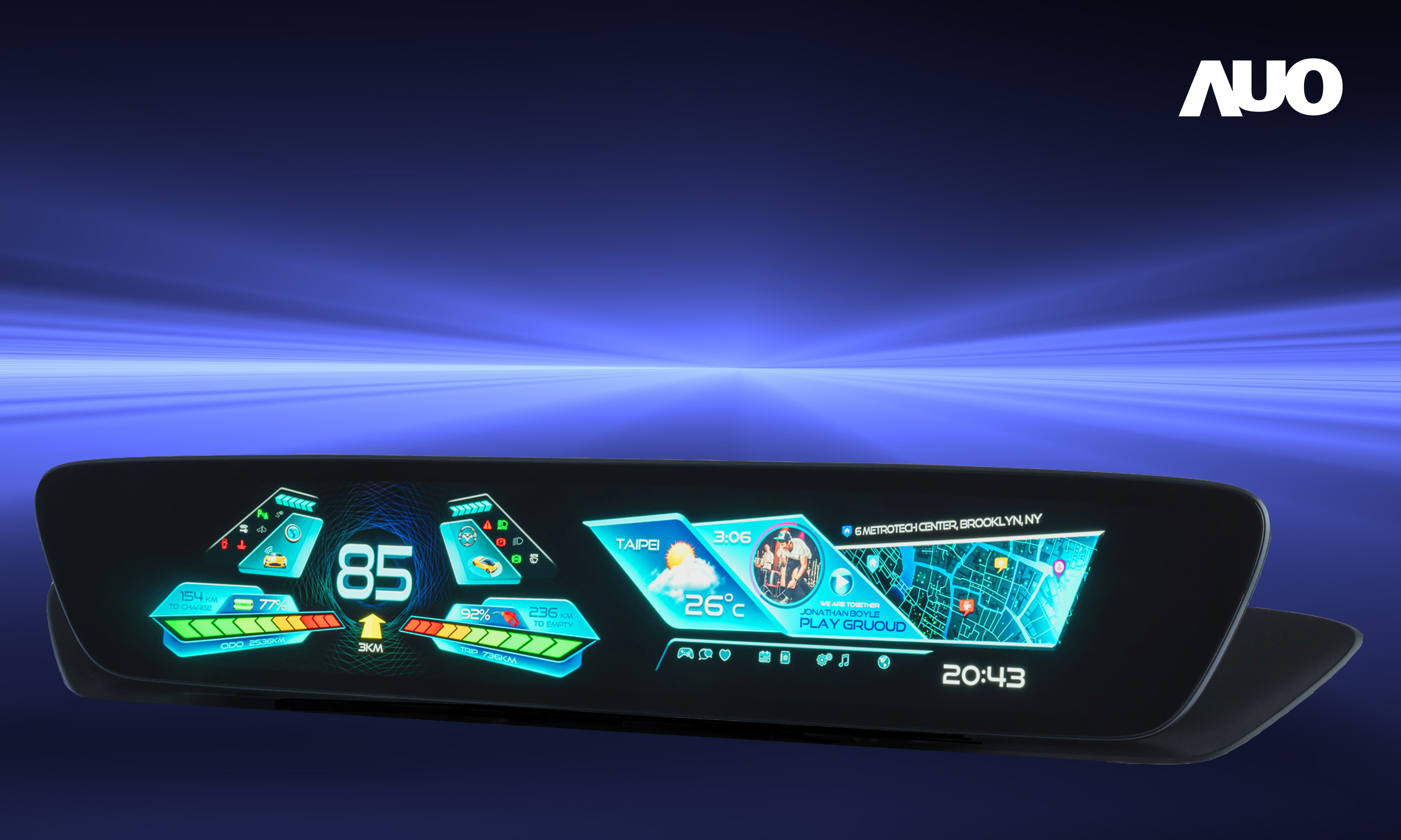 友達30.4吋異形曲面AmLED車載顯示系統，為一兼具儀表板及中控台人機介面的創新車載顯示系統，結合美學設計，提升車內科技沉浸感及使用體驗，讓車載顯示的未來應用更加多元化