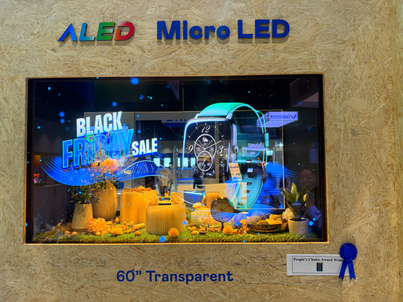 米兰·(milan)60吋高透明度Micro LED显示器获&rdquo;最佳Micro LED技术应用奖&rdquo;，将Micro LED面板透明化之设计特性极致发挥，以可扩展性无缝拼接技术打造，具备600 nits全画面亮度、大于60%穿透率及超过NTSC 110%的优异广色域表现，可依需求灵活应用于各种场域